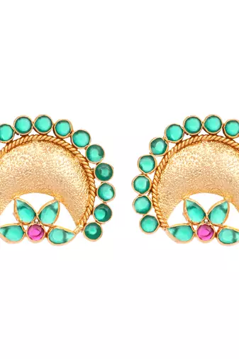 gold plated faux emerald stone studded contemporary shaped studs
