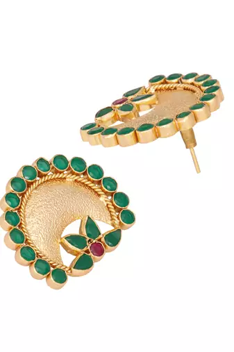 gold plated faux emerald stone studded contemporary shaped studs