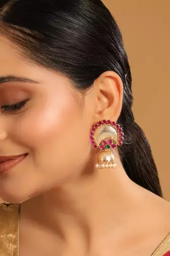 gold plated ruby & pearl studded dome shaped jhumkas