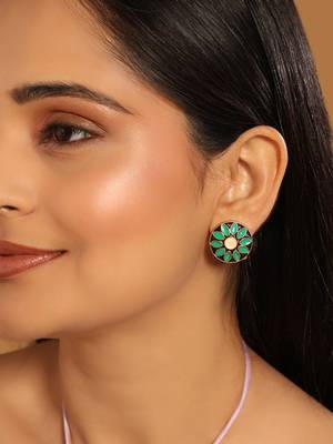 gold plated circular shaped sea green enamelled floral motif studs 1