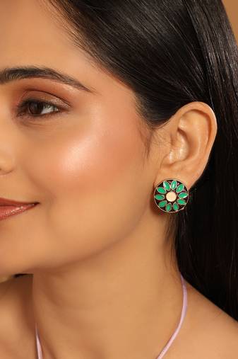 gold plated circular shaped sea green enamelled floral motif studs