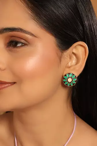 gold plated circular shaped sea green enamelled floral motif studs