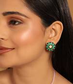 gold plated circular shaped sea green enamelled floral motif studs