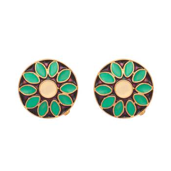 gold plated circular shaped sea green enamelled floral motif studs 3