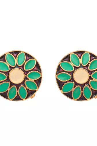 gold plated circular shaped sea green enamelled floral motif studs