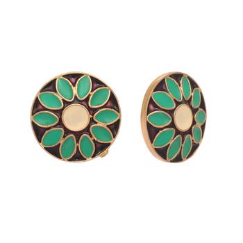 gold plated circular shaped sea green enamelled floral motif studs 4