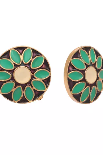 gold plated circular shaped sea green enamelled floral motif studs