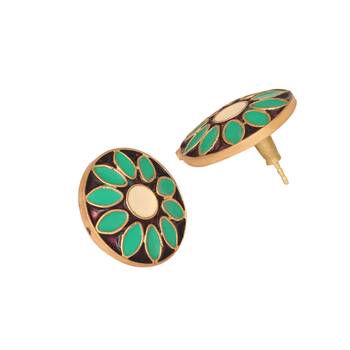 gold plated circular shaped sea green enamelled floral motif studs 5