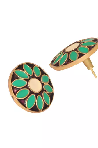 gold plated circular shaped sea green enamelled floral motif studs