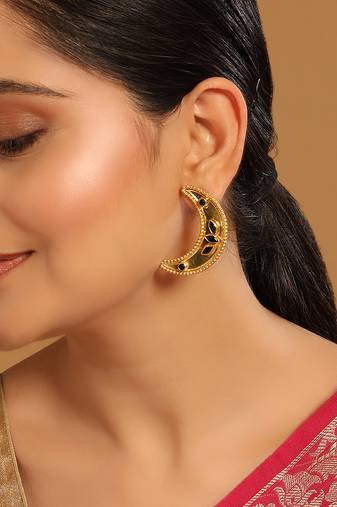 gold plated stone studded crescent shaped stud earrings