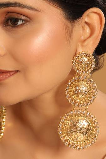 gold plated stone studded contemporary shaped drop earrings