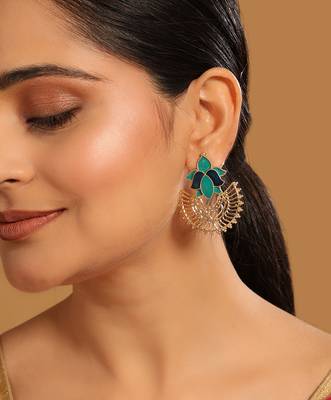 gold plated turquoise enamel studded indo western floral jali statement stud earrings 1