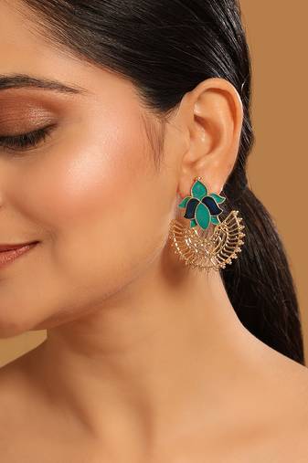 gold plated turquoise enamel studded indo western floral jali statement stud earrings