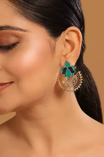 gold plated turquoise enamel studded indo western floral jali statement stud earrings