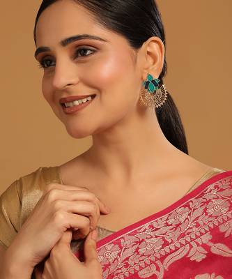 gold plated turquoise enamel studded indo western floral jali statement stud earrings 2