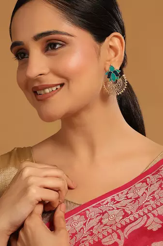 gold plated turquoise enamel studded indo western floral jali statement stud earrings