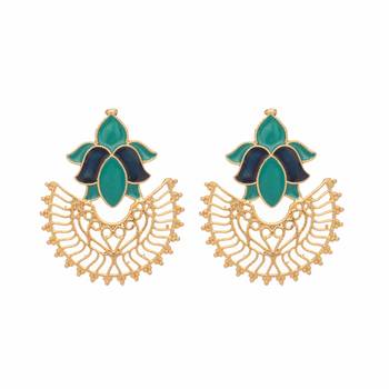 gold plated turquoise enamel studded indo western floral jali statement stud earrings 3