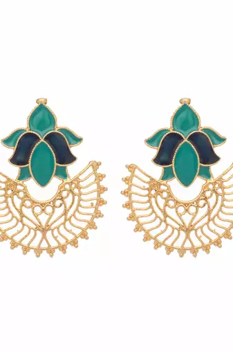 gold plated turquoise enamel studded indo western floral jali statement stud earrings