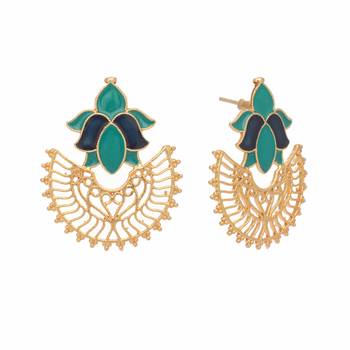 gold plated turquoise enamel studded indo western floral jali statement stud earrings 4