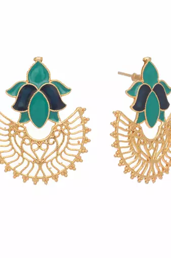 gold plated turquoise enamel studded indo western floral jali statement stud earrings