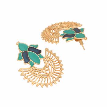 gold plated turquoise enamel studded indo western floral jali statement stud earrings 5