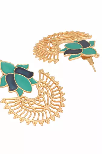 gold plated turquoise enamel studded indo western floral jali statement stud earrings
