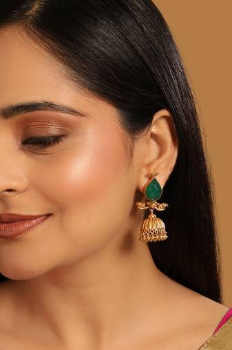 gold plated emerald stone studded ethnic jhumkas