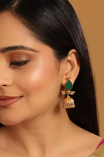gold plated emerald stone studded ethnic jhumkas