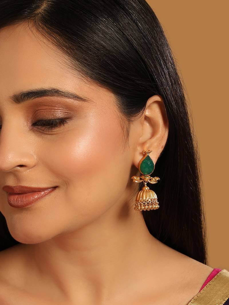 gold plated emerald stone studded ethnic jhumkas