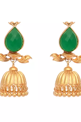 gold plated emerald stone studded ethnic jhumkas