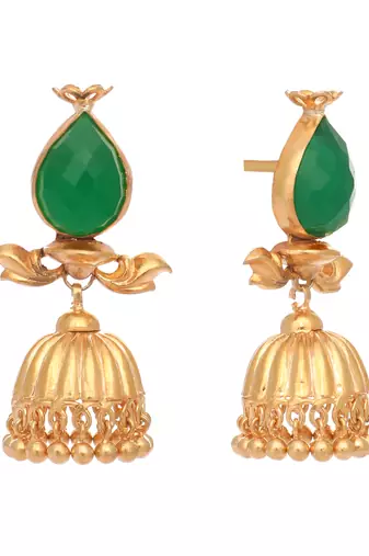 gold plated emerald stone studded ethnic jhumkas