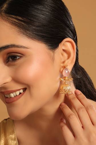 gold plated rose quartz stone studded ethnic jhumkas