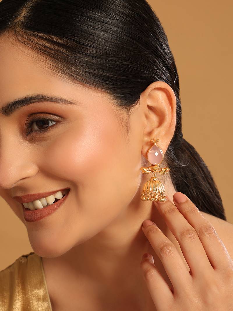 gold plated rose quartz stone studded ethnic jhumkas