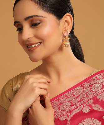 gold plated rose quartz stone studded ethnic jhumkas 2