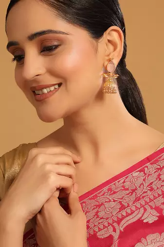 gold plated rose quartz stone studded ethnic jhumkas
