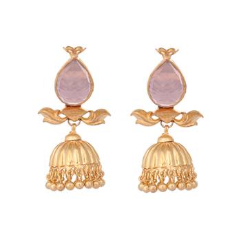 gold plated rose quartz stone studded ethnic jhumkas 3