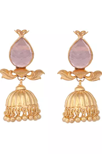 gold plated rose quartz stone studded ethnic jhumkas