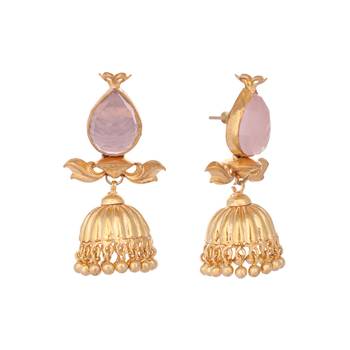 gold plated rose quartz stone studded ethnic jhumkas 4