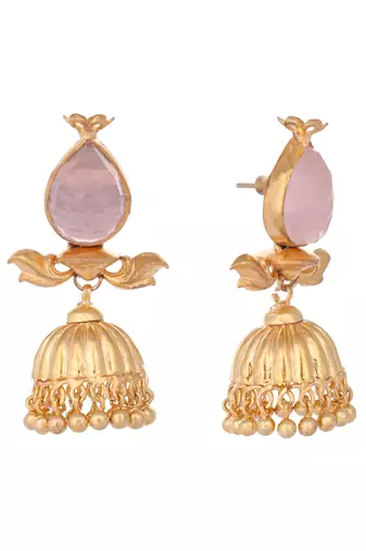 gold plated rose quartz stone studded ethnic jhumkas