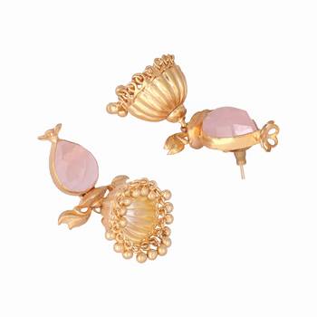 gold plated rose quartz stone studded ethnic jhumkas 5