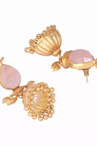 gold plated rose quartz stone studded ethnic jhumkas
