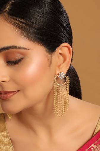 gold plated crystal studded floral stud contemporary dangler earrings