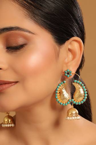 gold plated turquoise stone studded contemporary mini jhumki dangler earrings