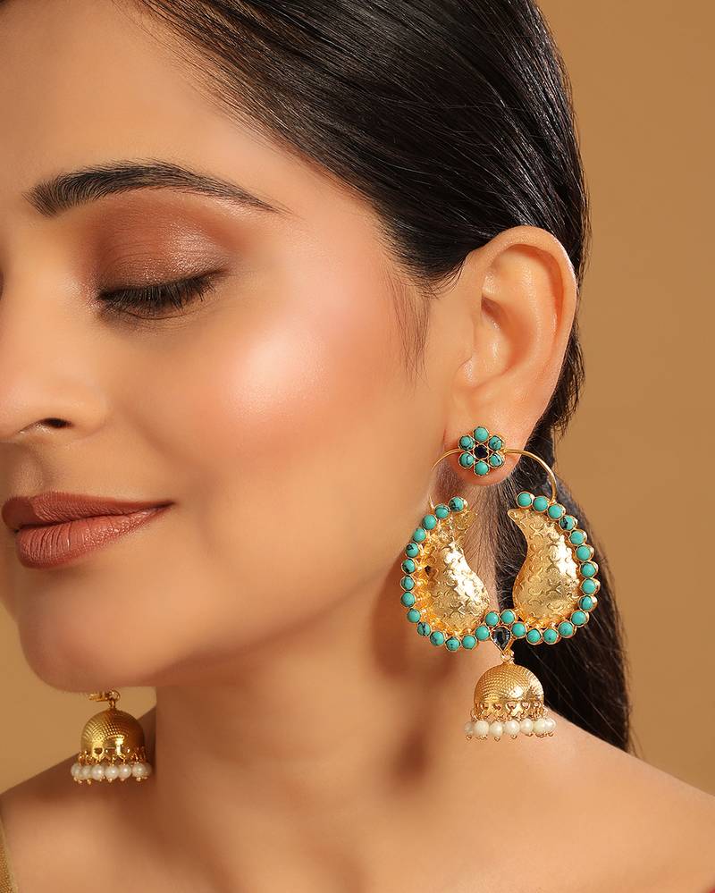 gold plated turquoise stone studded contemporary mini jhumki dangler earrings