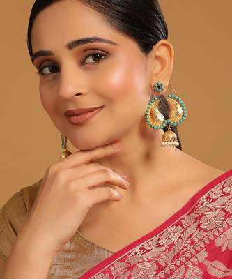 gold plated turquoise stone studded contemporary mini jhumki dangler earrings 2