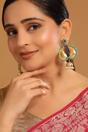 gold plated turquoise stone studded contemporary mini jhumki dangler earrings