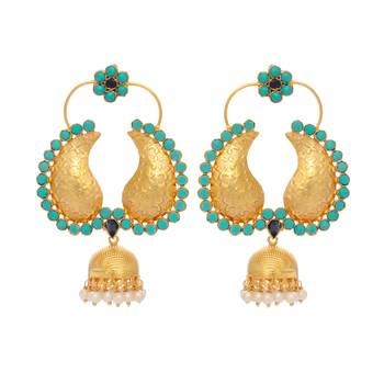 gold plated turquoise stone studded contemporary mini jhumki dangler earrings 3