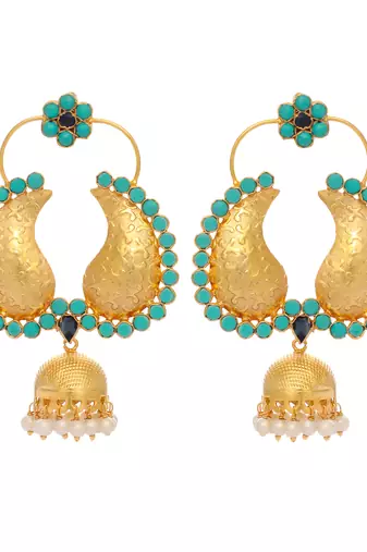 gold plated turquoise stone studded contemporary mini jhumki dangler earrings