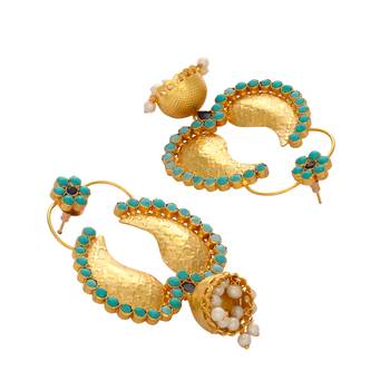 gold plated turquoise stone studded contemporary mini jhumki dangler earrings 4