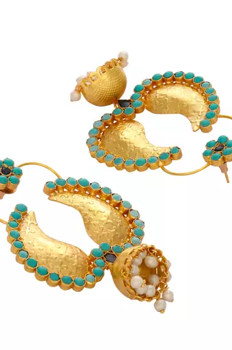 gold plated turquoise stone studded contemporary mini jhumki dangler earrings